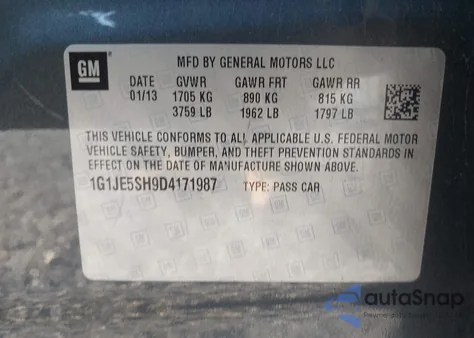 2013 Chevrolet Sonic Ltz Auto из США, поврежденный, VIN 1G1JE5SH9D4171987